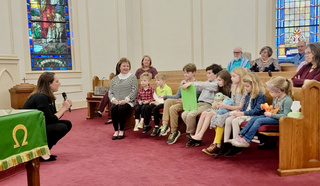 Colleen sharing with the kids during the childrens sermon at First Presbyterian Church in Athens Alabama